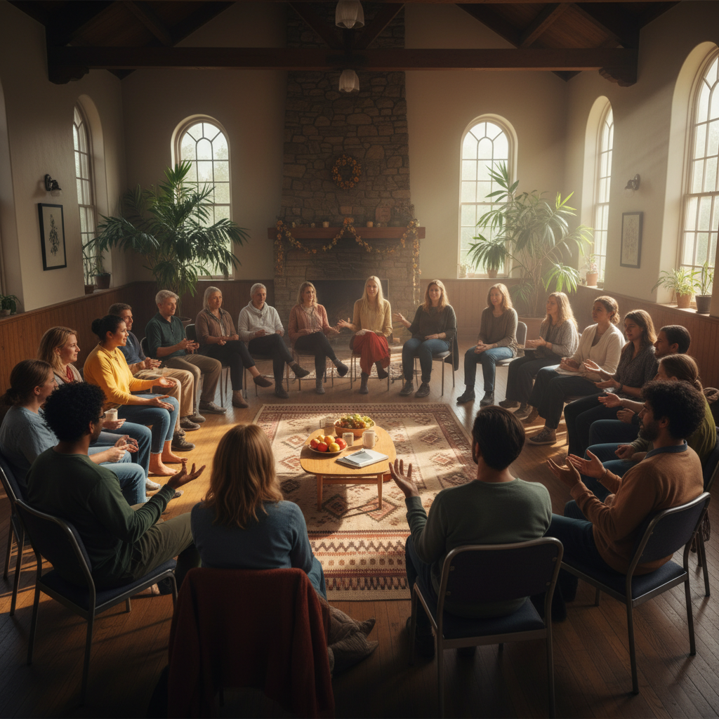 Grupo diverso reunido en círculo en una sala comunitaria, compartiendo experiencias en una reunión de recuperación